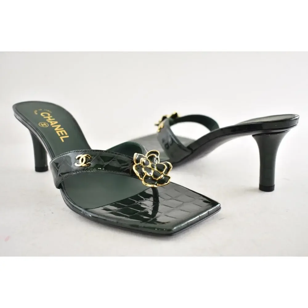 Chanel 26A Green Crocodile Croc CC Flower Backless Mule Heel Thong Sandal 40